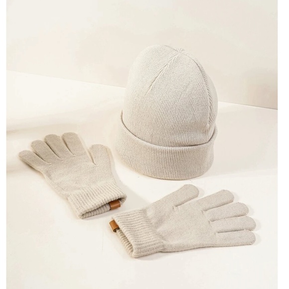 Knit Beanie Hat and Gloves Set in Beige - Picture 2 of 3